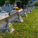Rząd kilku starych kamiennych nagrobków z metalowymi krzyżami maltańskimi na cmentarzu w wydzielonej kwaterze. Obok po lewej stronie współczesne groby.