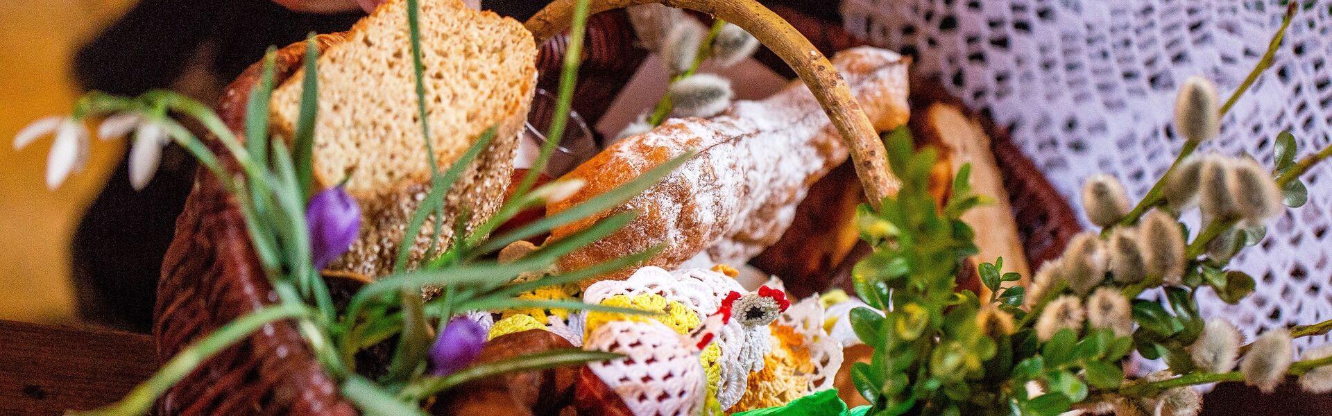 Wicker Easter basket with food
