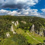 Panorama z lotu ptaka na skałki i zieleń Doliny Kobylańskiej.